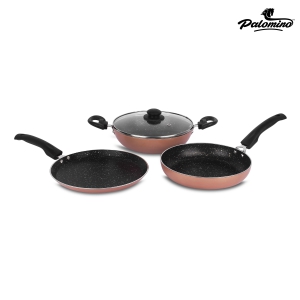 PALOMINO Non-Stick Aluminium Cookware Set of Fry Pan, Tawa/Griddle and Kadhai/Wok with Glass Lid (Copper, Set of 4, Non- Induction Base) Non-Stick Coated Cookware Set  (Aluminium, 4 - Piece)