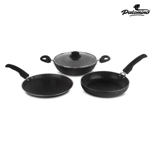 PALOMINO Non-Stick Aluminium Cookware Set of Fry Pan, Tawa/Griddle and Kadhai/Wok with Glass Lid (Black, Set of 4, Non- Induction Base) Non-Stick Coated Cookware Set  (Aluminium, 4 - Piece)