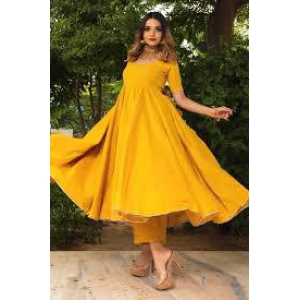 Yellow Solid Cotton Anarkali Suit Set with Printed Dupatta