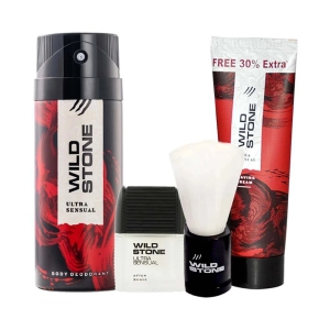 Wild Stone Ultra Sensual After Shave Lotion 50ml, Deodorant 150ml, Shaving Cream 78gm and Brush (4 Items in the set)