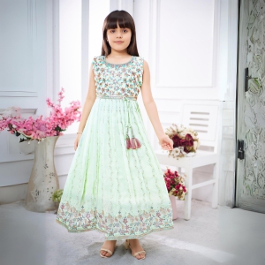 Pista Green Ethnic Dress With Stunning Multi Color Embroidery and Rich Border-22 (3-4 years)