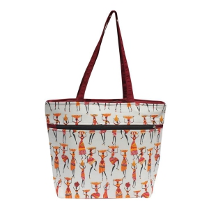 Mandhania Warli Printed Indian Tribal Art Women's Tote, Shoulder Bag Red