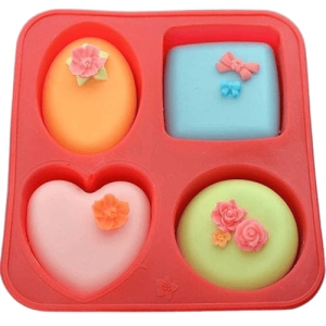 4 Cavity Different Basic Plain Square Heart Oval Round Soap Bar Silicone Mould Candle Making for Homemade (Pack of 1)