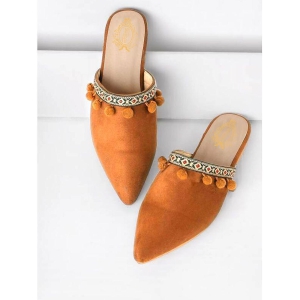 Shoetopia Pointed Toe with Pom Pom Detailed Tan Mules For Girls - None