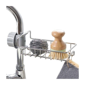 GEEO Kitchen Sink Faucet Sponge Holder Caddy organizer over, stainless steel heavy duty thickening hanging drain rack for scrubbers, sop, bathroom, detachable no suction cup bathroom sop hol