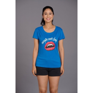 Vampire Printed Blue T-Shirt for Women