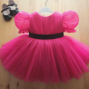 Girls Pink Puff Sleeve Party Kids Dress-6-9 Month