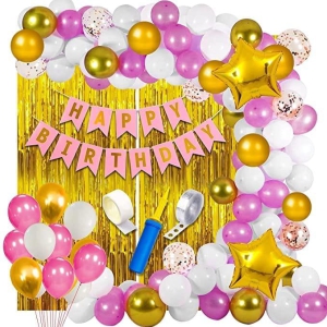 Shanaya Pink Happy Birthday Decoration Kit for Girls 63pcs Combo Set Banner Golden Foil Curtain Balloon Metallic Confetti Girls Birthday Decoration Items/Kids Birthday Decoration Items
