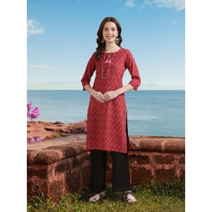 Rangita Women Cotton Red Embroidered Knee Length Straight Kurti - None