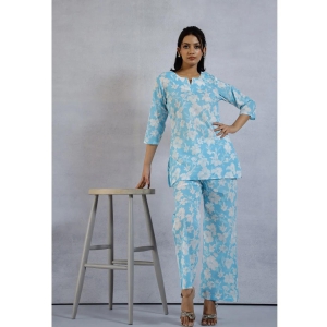 Sky blue Floral Printed Cotton  Loungewear set-S