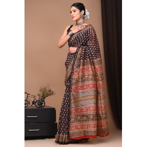 Dreamy Pure Chanderi Silk Black Saree Blockprinted