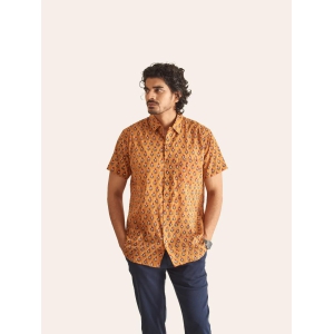 Rusty Tan Handblock Printed Cotton Shirt-L