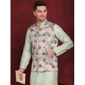 Green Floral Printed Nehru Jacket With Kurta Pyjama Set-XL / Green