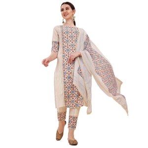 SHOPPING QUEEN Cream Printed Silk Blend Women's Kurta,Palazzo and Dupatta Set