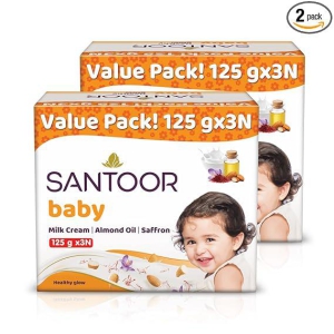 Santoor Baby Bathing Bar Soap with Milk Cream, Saffron, & Almond Oil for Soft & Supple Skin| Gentle & Rich Lathering Formula with Mild Fragrance| 125gx3, (Pack of 2)