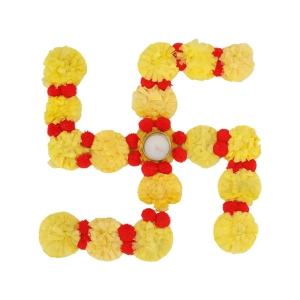 Kalakriti Artificial Floral Toran Garland Temple Pooja Decoration Satiya/swastik Rangoli with Free Tealight Candle/Deepak Holder and Pompom, Home D?cor Accessories,12 Inch,Yellow and Red, 1 Pc