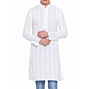 Classic Ensemble of Lukhnowi Chikankari Men's Embroidery Kurta