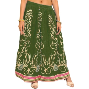 Bronze-Green Printed Long Skirt with Embellished Patch Border