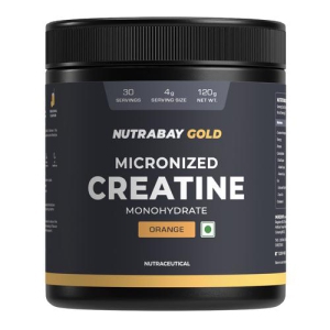 Nutrabay Gold Micronised Creatine Monohydrate Powder - 120g, Orange | NABL Lab Tested | 3g Creatine / Serving | Increases Muscle Mass, Strength & Power | Pre & Post Workout Supplement | For Men & Women