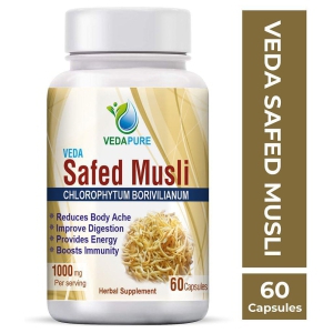VEDAPURE Organic Safed Musli Capsule Helps in Bones & Joints Boosts Energy, Immunity & Stamina 1000mg 60 Capsules (Pack of 1)