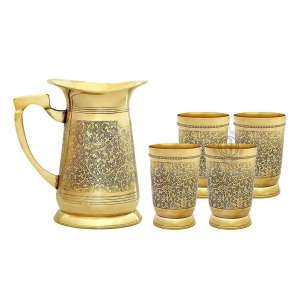 Brass Embossed Engraved Design Jug & Glass Set for Serving Water with 6 Brass Glasses & 1 Jug for Home Decor Drinkware & Tableware (6+1) (1 Jug with 4 Glass)
