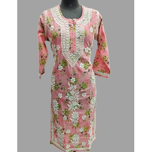 Hand Embroidered Lucknowi Chikankari Mulmul Light Pink Phool Patti Design Kurti