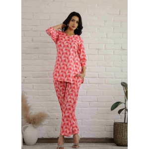 Plus size Pink Flower Print Cotton Loungewear Set-XL