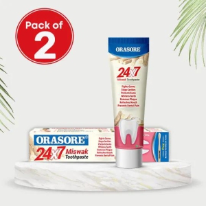 Orasore 24x7 Miswak Toothpaste 100g with Bamboo Brush Inside | 24 Natural Extracts to Fight 7 Problems | Stops Tooth pain, Protects Gums, Whitens Teeth, Removes Plaque, Fights Germs & Cavities |