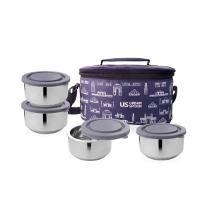 URBAN SPOON Stainless Steel Double Walled Lunch Box with Gray Airtight Lid | Tiffin Box | Dibbi with Blue Bag Set of 4 Pcs 340Ml Each PU Insulated | Dia : 11.2 Cm - Silver