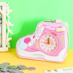 Shoe Pattern Coin Bank with Alarm Clock-Pink