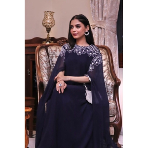 Indo Western Georgette Embellished Kaftan Gown in Navy Blue