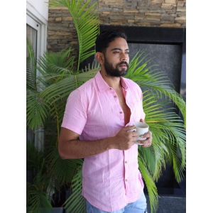 Men Light Pink Hemp Casual Half Sleeve Shirt