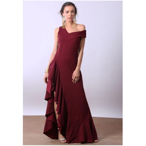 IRIS - Bardot Ruffle Front Slit Maxi (Final Sale)-L / MAROON