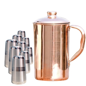 SHINI LIFESTYLE Pure Copper Jug Set or Premium quality steel Glass set,Water Jug,gilas set 11PC