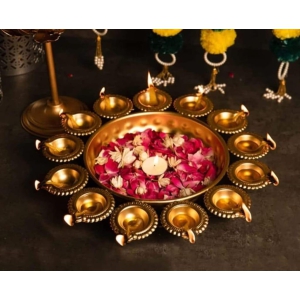 Handicrafts Metal Urli | Urli Bowl for Floating Flowers I Diya Border Decorative Showpiece - 7 cm  (Iron, Gold)