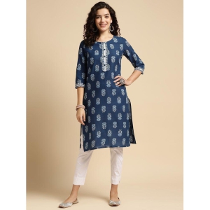 Rangita Women Indigo Cotton Printed Knee Length Straight Kurti - None