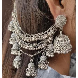 Premium Quality Silver Oxidized Stud Jhumka Earrings with Multi Layer Ghungroo and Jhum-Free Size / Oxidised Silver / Artificial Stones & Beads