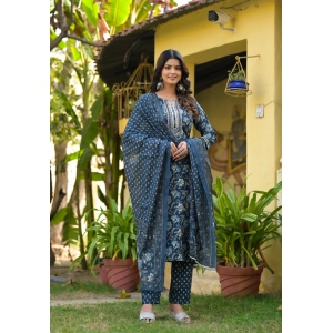 Blue Printed Straight Kurta Set with Bottom Wear and Dupatta-XXL