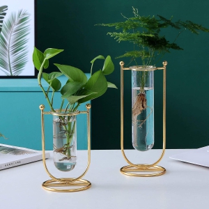 Desktop Glass Planter Hydroponics Vase Glass Propagation Station with Modern Creative Geometric Metal Frame Test Tube Vase for Home Office Decor Table Top (Set of 2)