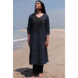 Okhai Ocean Baby Hand Embroidered Applique Work Ajrakh Kurta-S