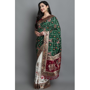 White And Emerald Green Soft Silk Party Wear Saree