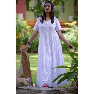 SUNDOWNERS COURSE -Magnificent handcrafted Long Boho Styled Designer Dress in Premium Muslin Cotton ,Limited Edition White Dress for Summer.-Small [36 inches]