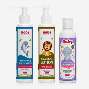 BabyOrgano Babys Bath and Skin Care Super Saver Combo | Nourishing Baby Lotion + Baby Wash + Body Massage Oil | 100% Safe for Babies