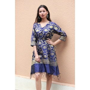 Navy Blue Gold Banarasi Silk Kaftan Dress-M