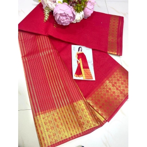 Cotton Saree Gold Border Red Color