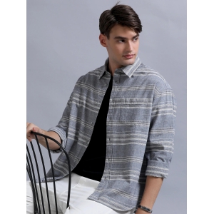 Premium Men Shirt, Relaxed Fit, Yarn Dyed Stripes, Pure Cotton, Full Sleeve, Grey-XL / Grey