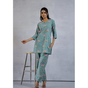 Sea Green handblock Floral Print Cotton Loungewear Set-XL