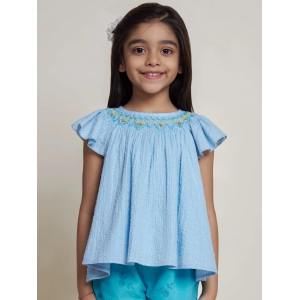 Fefa Flutter Sleeveless Embroided Cotton Girls Top - Light Blue-12-13Y