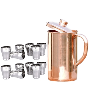 SHINI LIFESTYLE Pure Copper Jug Set and Premium quality steel Glass set,Water Jug, steel gilas set