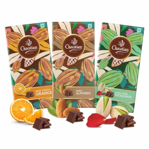 Chocolian Bakers Dark Chocolate With Almond, Dark Chocolate With Rose & Pistachio, Dark Orange Chocolate | 100% Veg | Eggless |